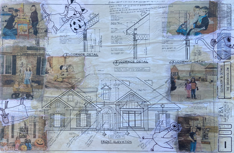 Blueprint, photo transfer, and tissue paper on wood